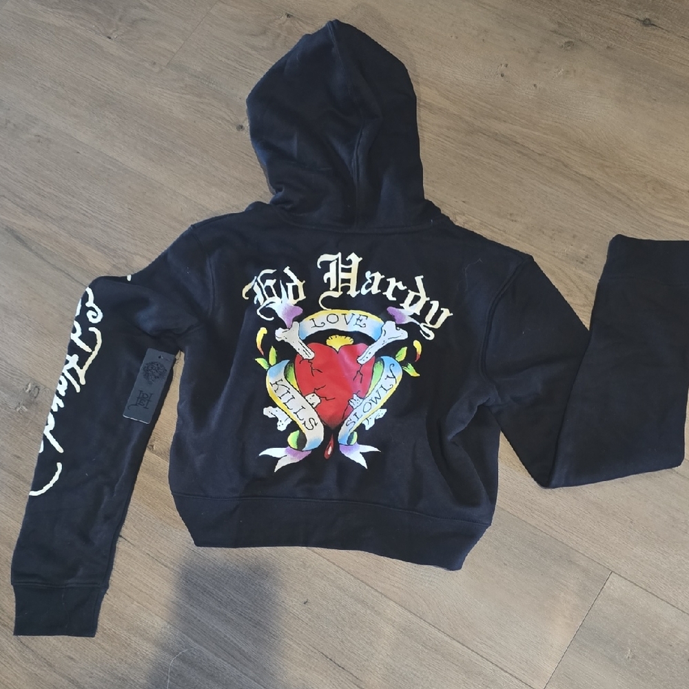 Ed Hardy Black Hoodie with Heart and Banner Design